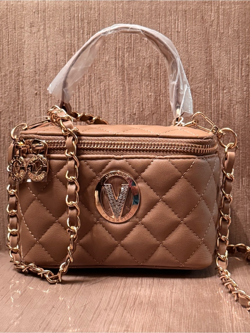 Quilted Top-Handle Crossbody Vanity Bag in Taupe